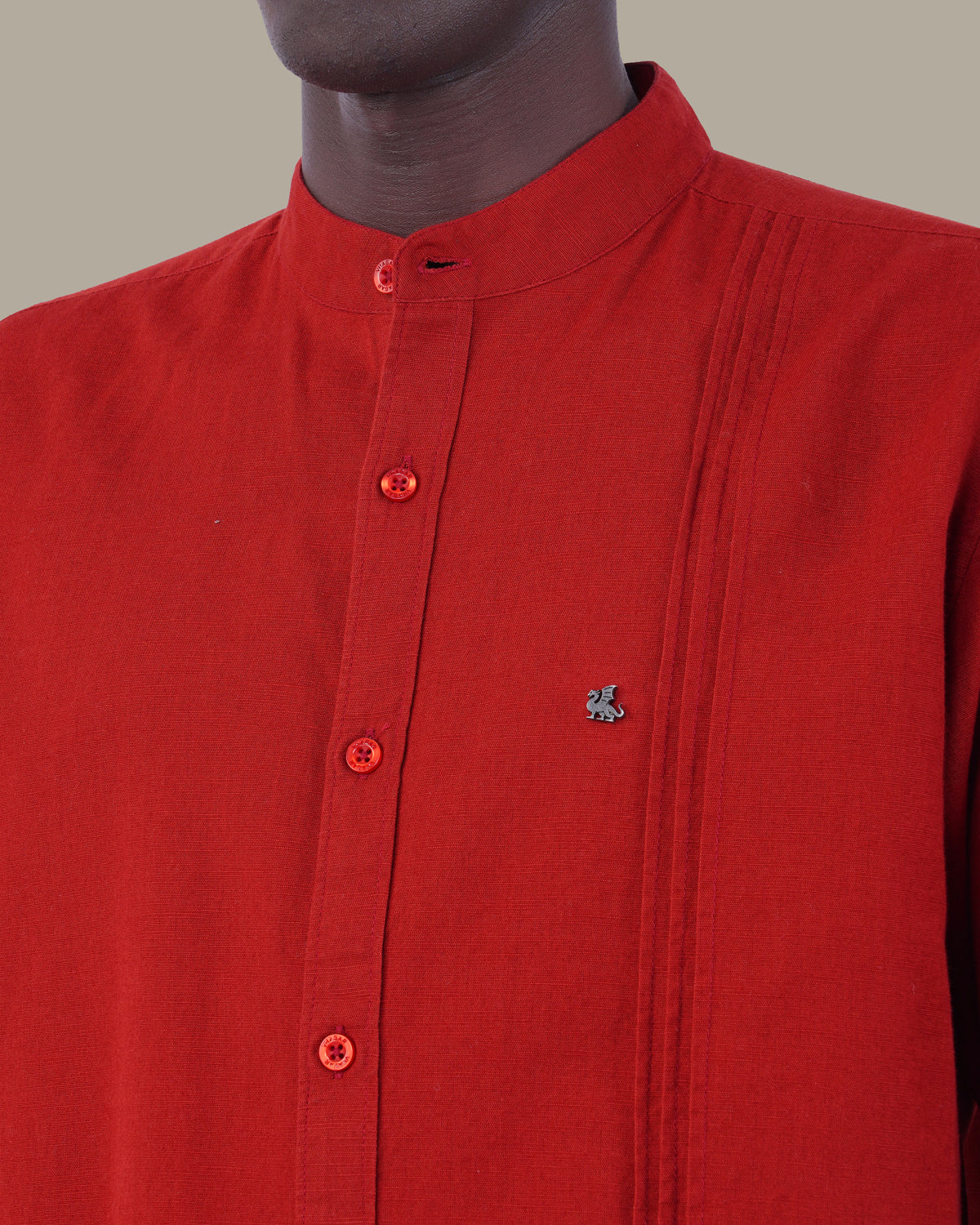 Bright Red Solid Cotton Slub Mandarin Collar Shirt