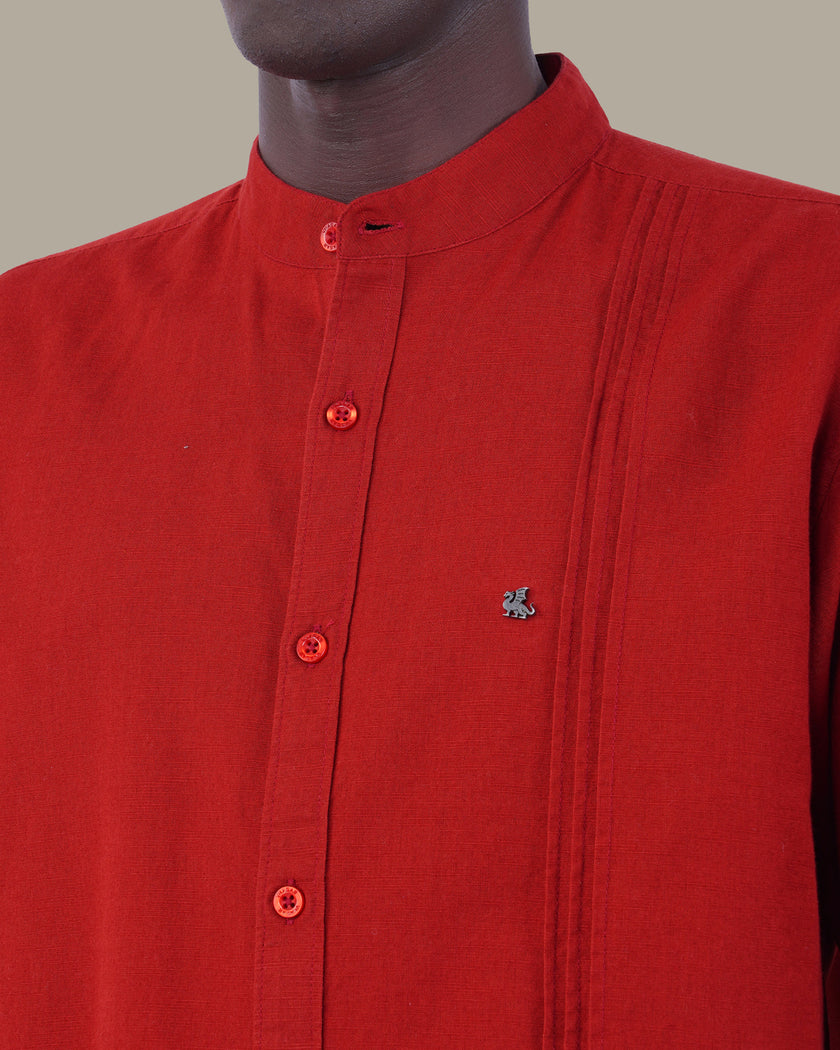Bright Red Solid Cotton Slub Mandarin Collar Shirt