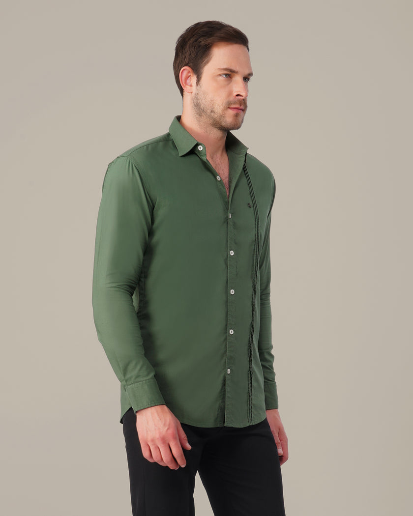 Forest Green Solid Polyester Blend Regular Fit Shirt