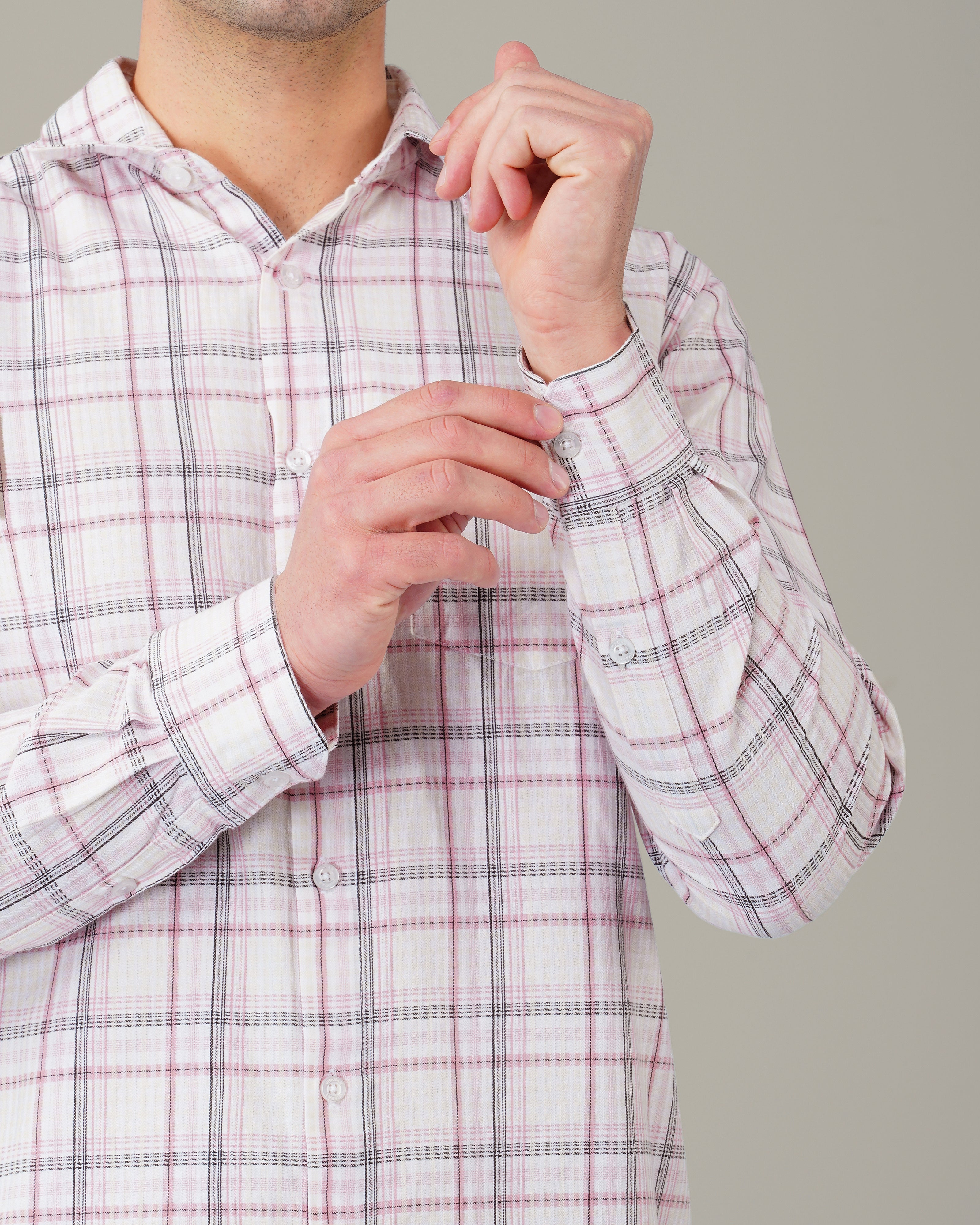 White and Pink Check Cotton Slub Regular Fit Shirt