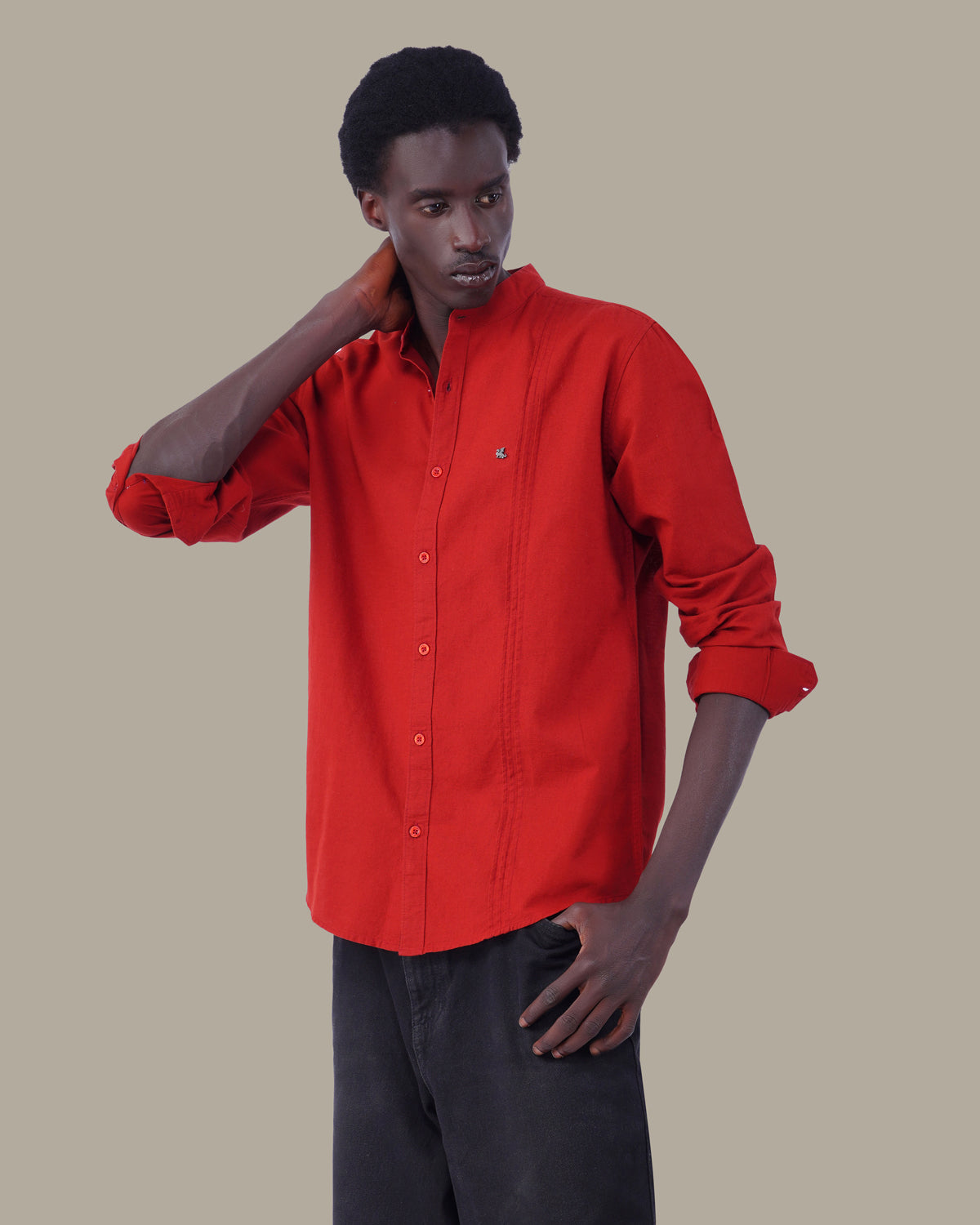 Bright Red Solid Cotton Slub Mandarin Collar Shirt
