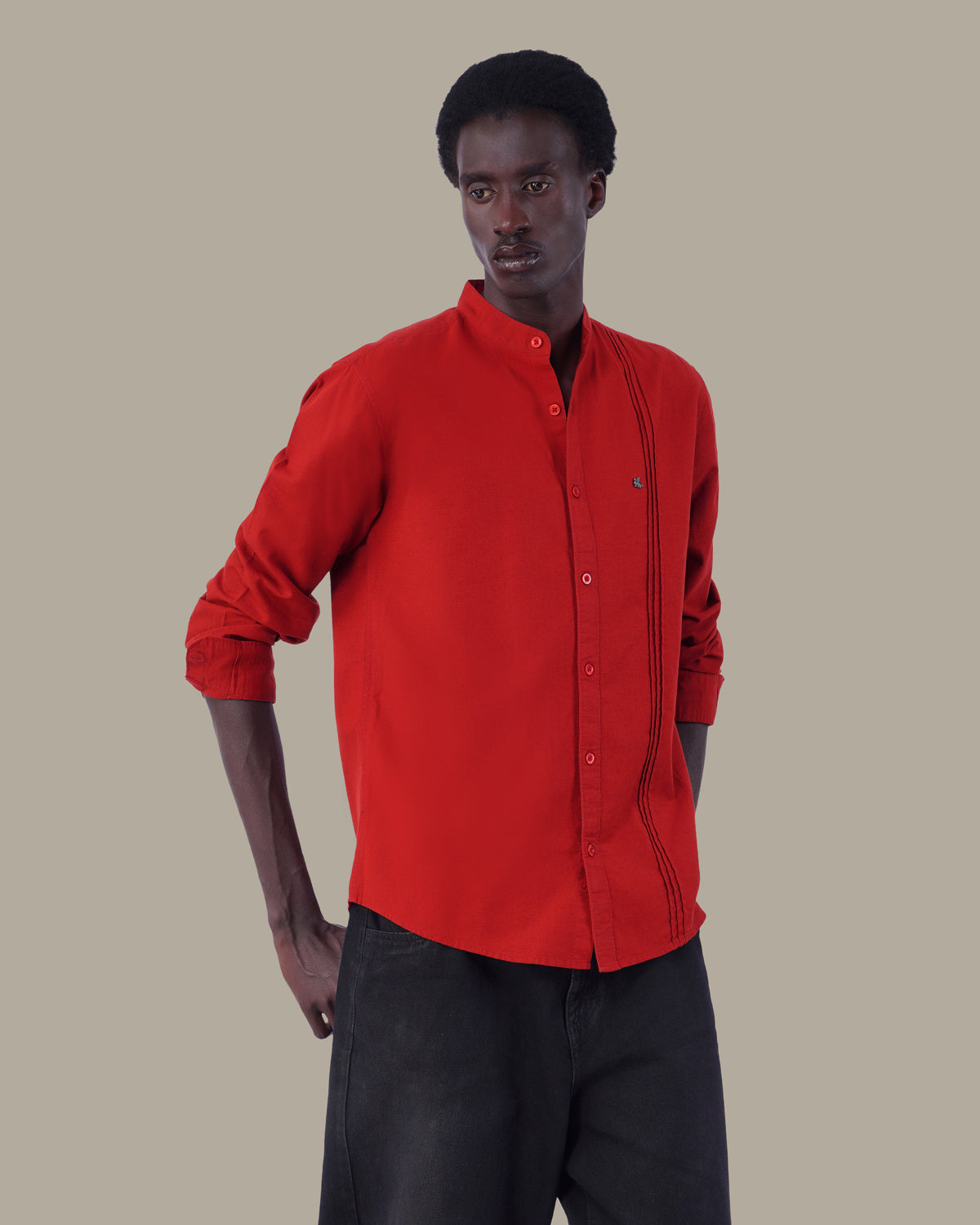 Bright Red Solid Cotton Slub Mandarin Collar Shirt