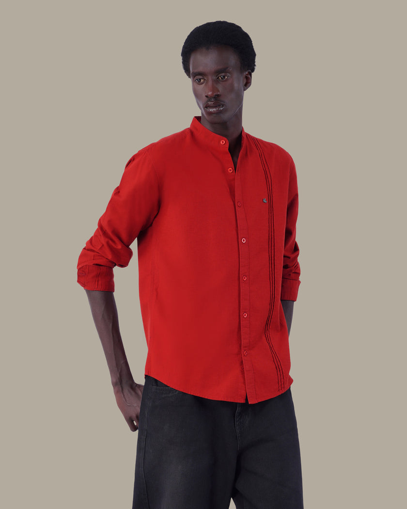 Bright Red Solid Cotton Slub Mandarin Collar Shirt