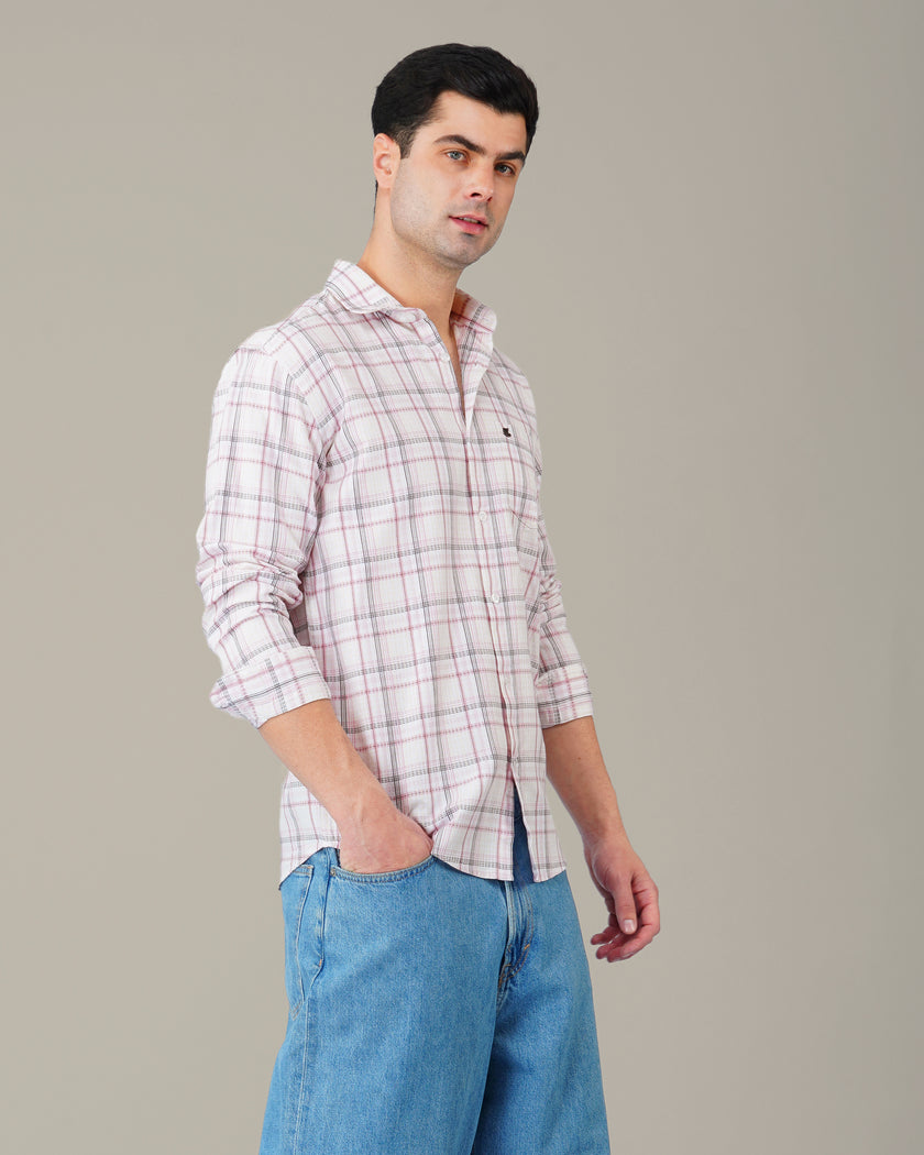 White and Pink Check Cotton Slub Regular Fit Shirt
