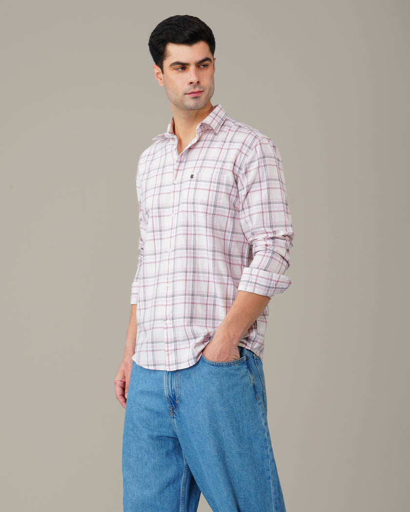 White and Pink Check Cotton Slub Regular Fit Shirt
