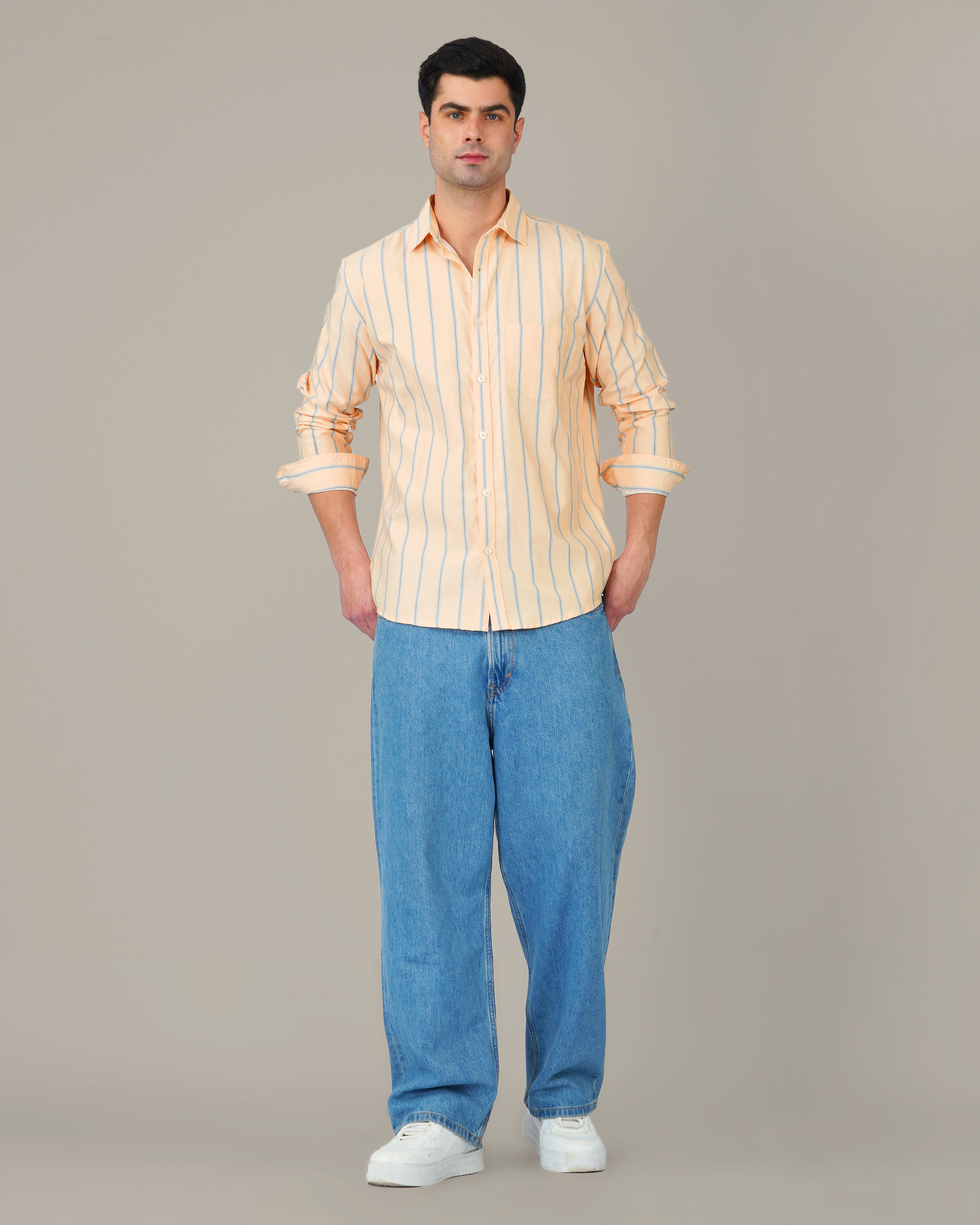 Peach Striped Soft-Finished Cotton Regular Fit Shirt