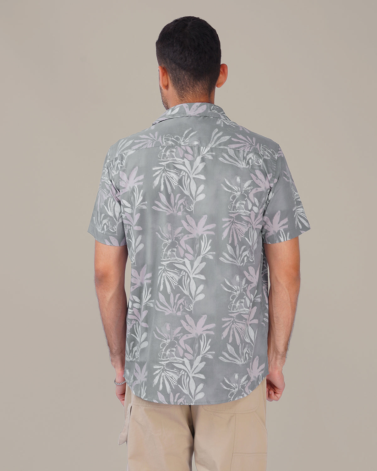 Gray Floral Print Cotton-Polyester Blend Classic Fit Shirt