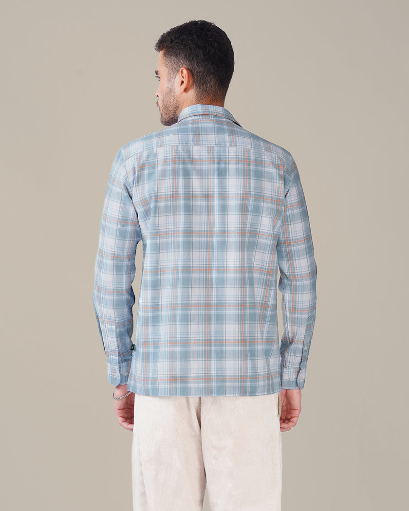 Light Blue Plaid Cotton Slub Regular Fit Shirt