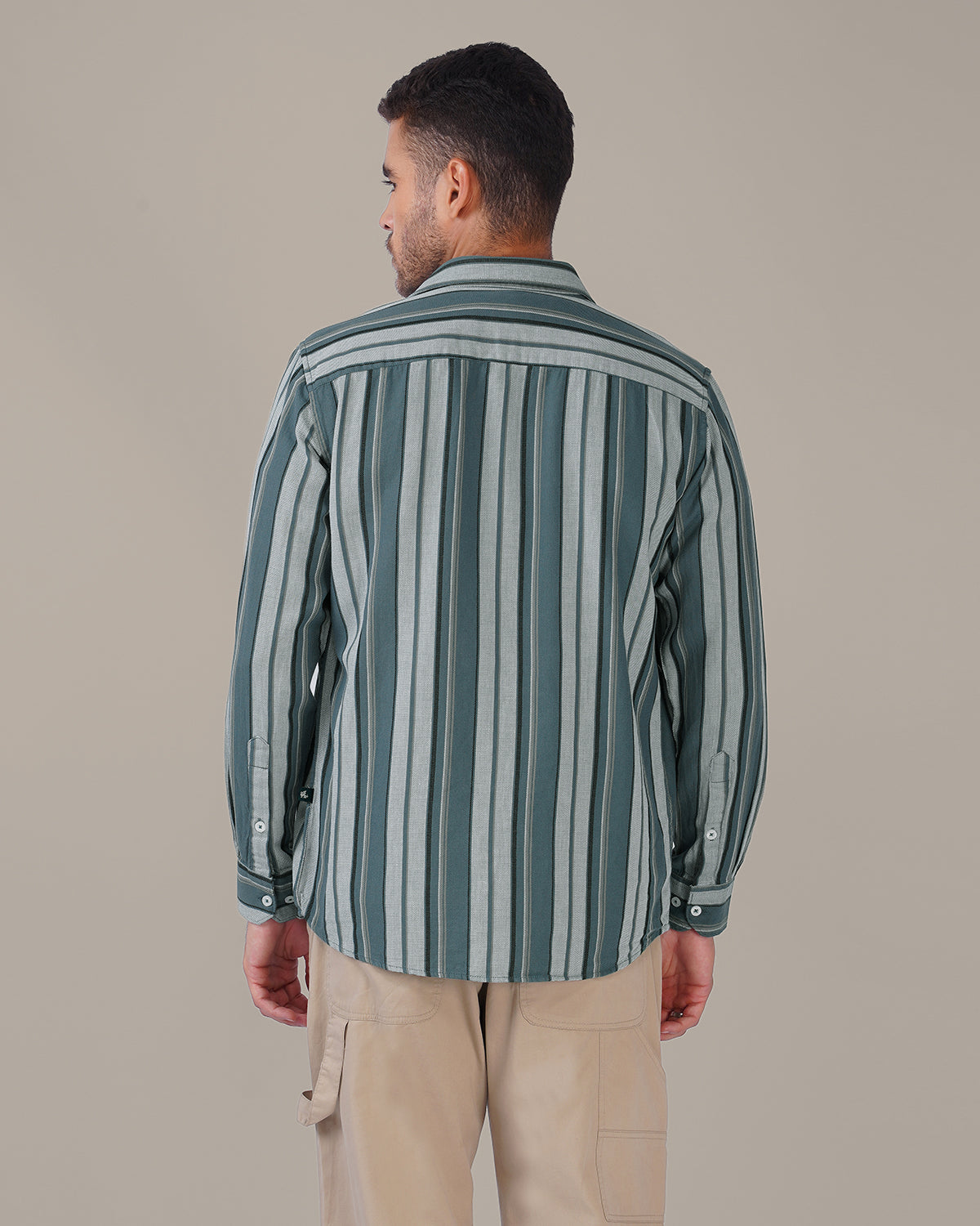 Teal and Gray Striped Cotton Slub Regular Fit Shirt