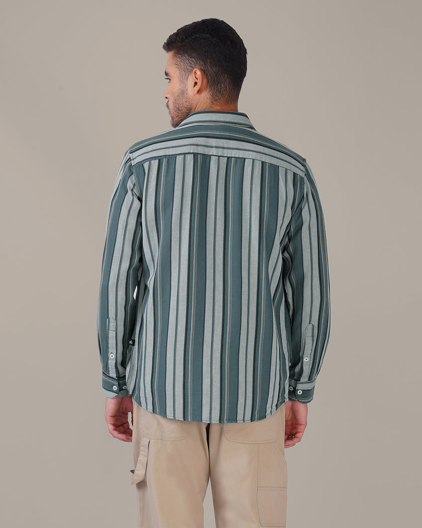 Teal and Gray Striped Cotton Slub Regular Fit Shirt
