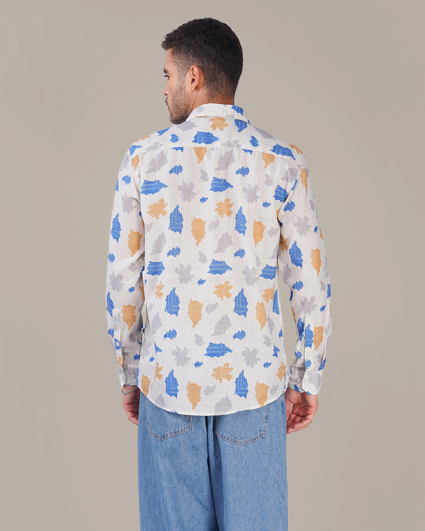 Off-White Abstract Print Linen Blend Regular Fit Shirt