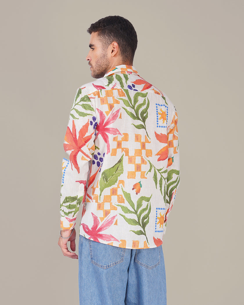 Floral Print Linen Blend Button-Down Shirt