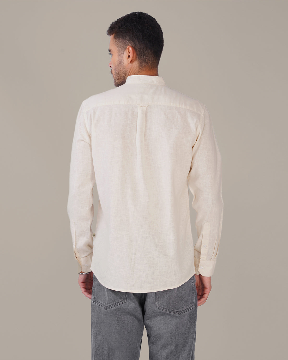 Off White Solid Linen Blend Mandarin Collar Shirt
