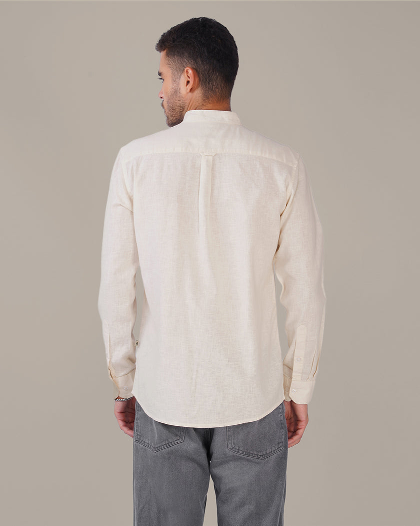 Off White Solid Linen Blend Mandarin Collar Shirt