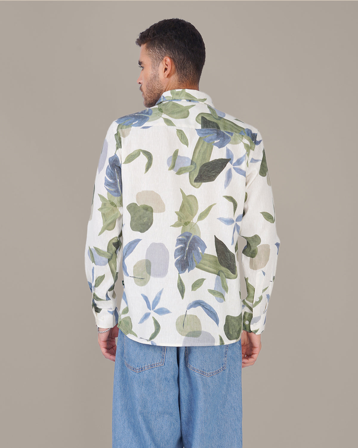White Botanical Print Linen Blend Regular Fit Shirt
