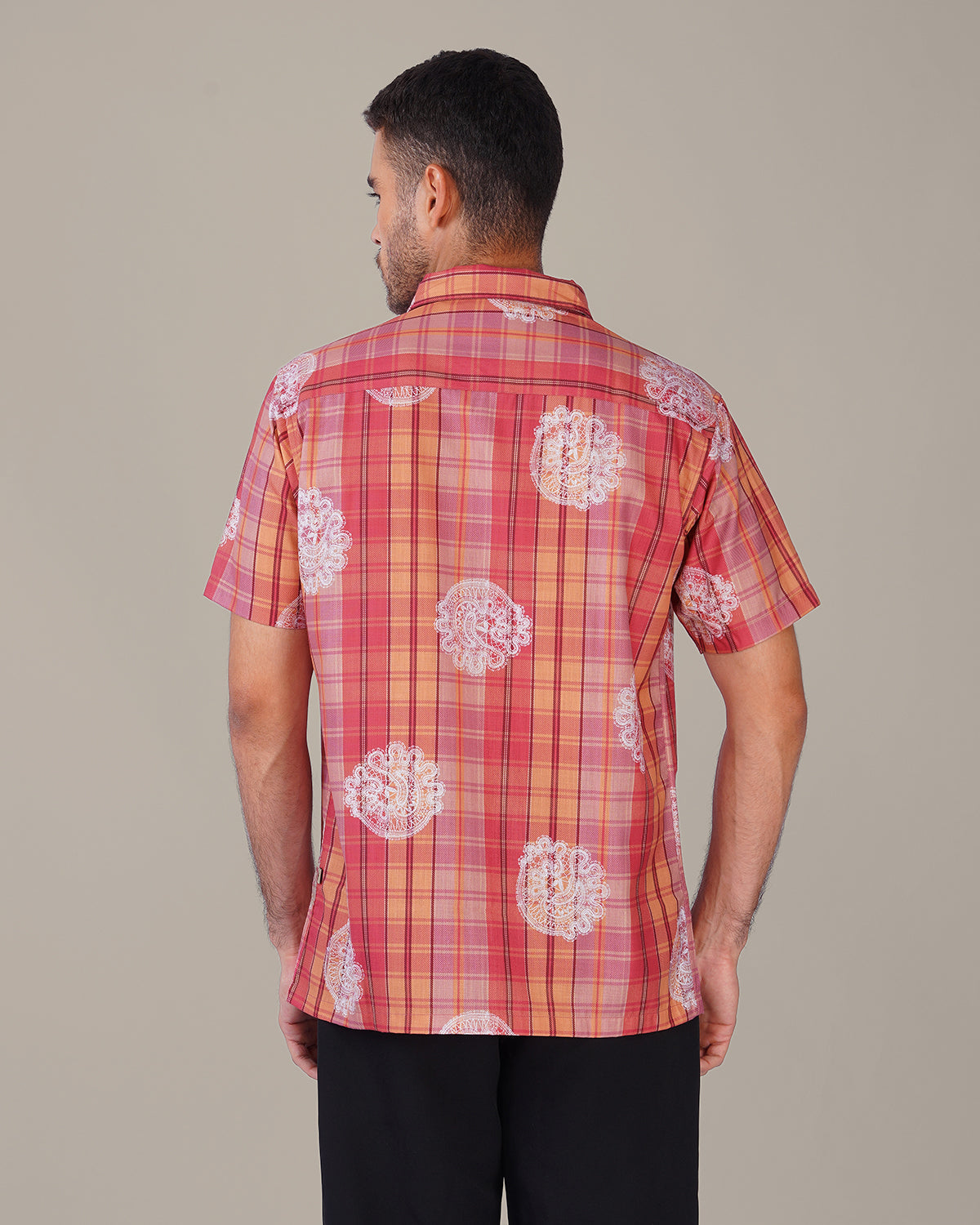 Orange Pink Plaid Polyester Regular Fit Shirt
