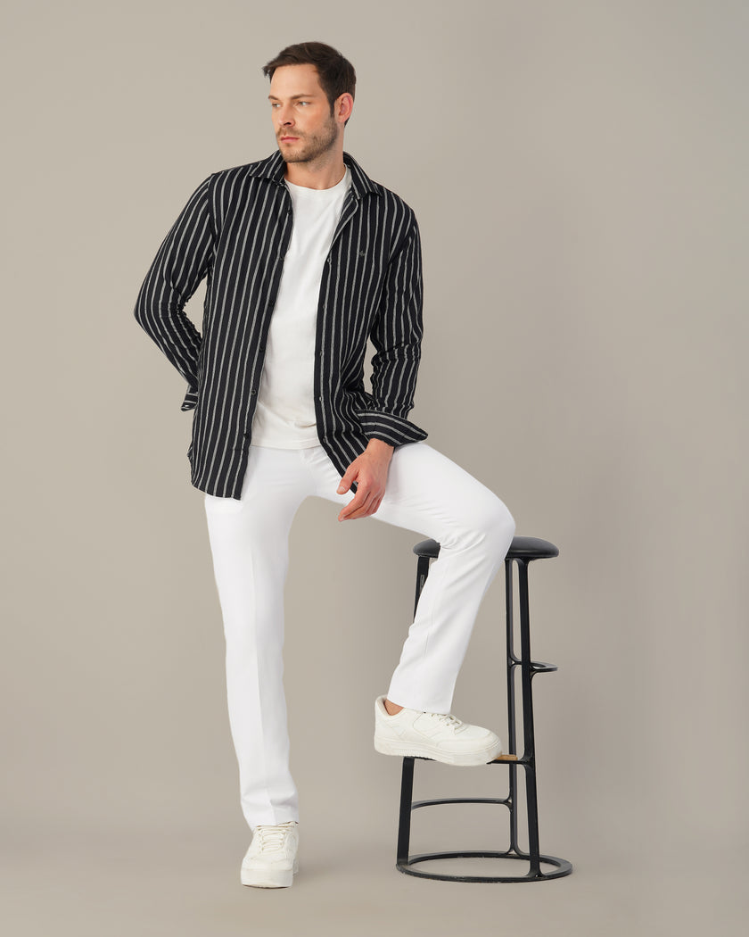 Black and White Striped Stretch Polyester Viscose Blend Regular Fit Shirt