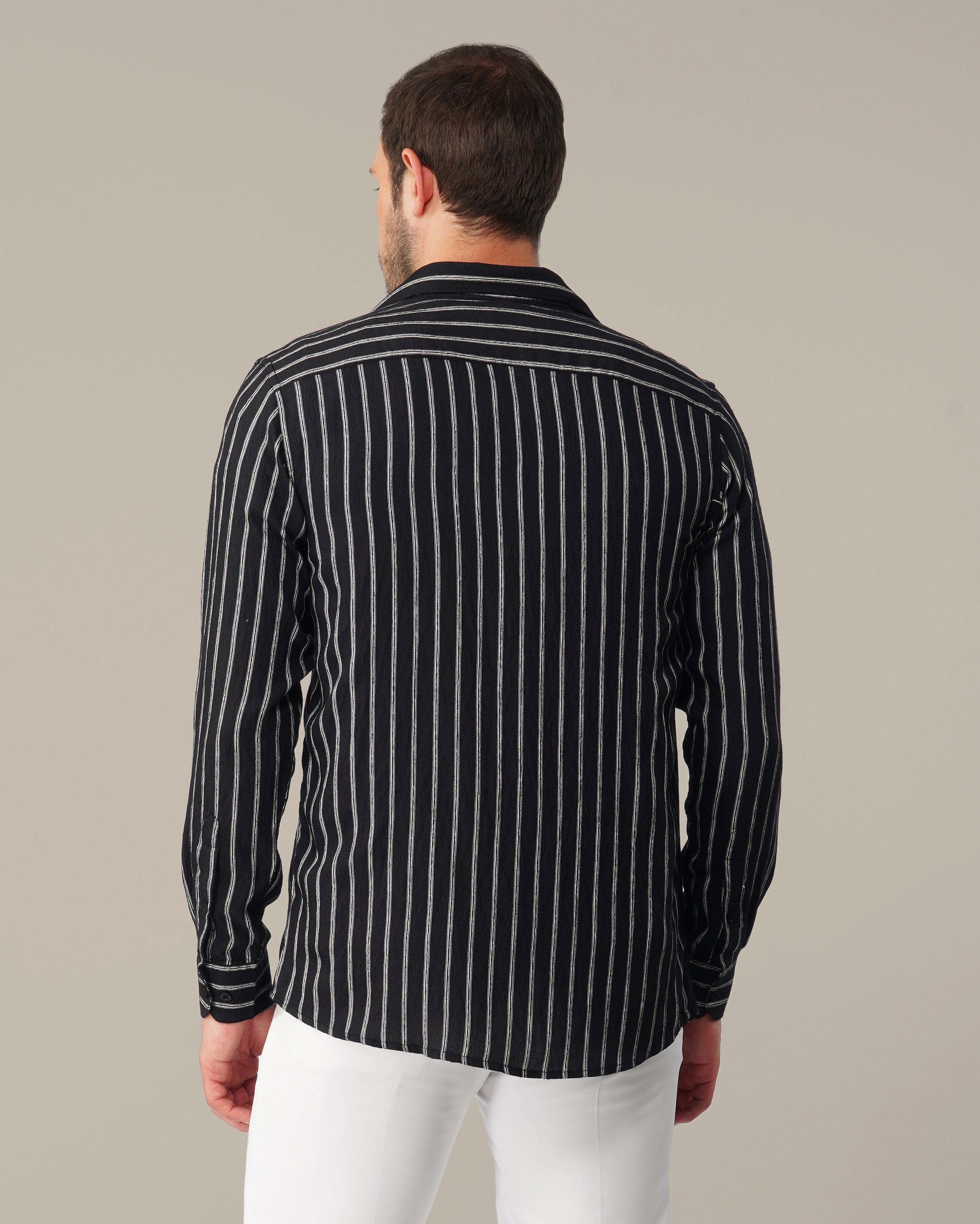 Black and White Striped Stretch Polyester Viscose Blend Regular Fit Shirt