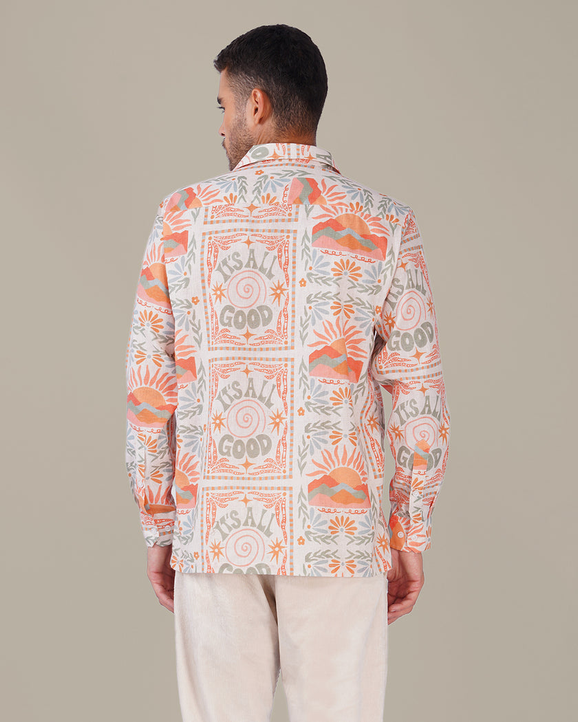 Multicolor Graphic Print Linen Blend Regular Fit Shirt