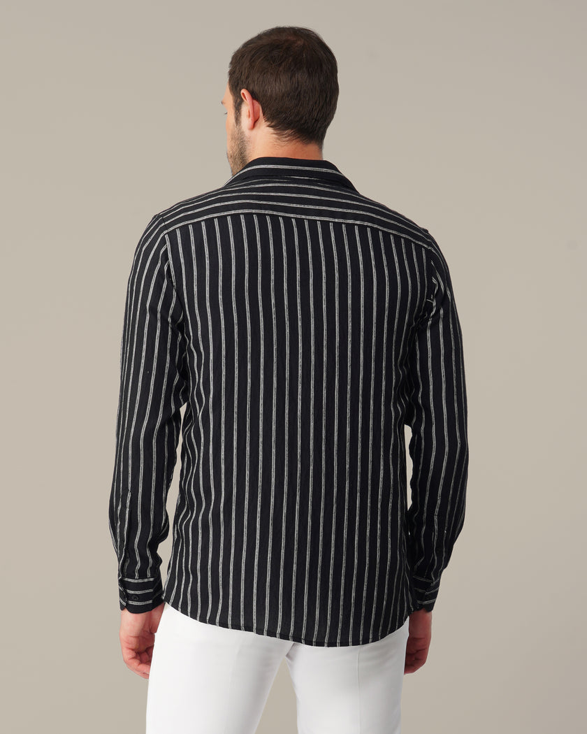Black and White Striped Stretch Polyester Viscose Blend Regular Fit Shirt