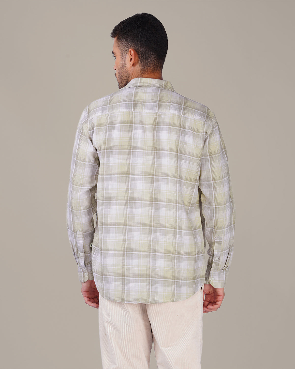 Beige and Gray Plaid Cotton Button-Down Shirt