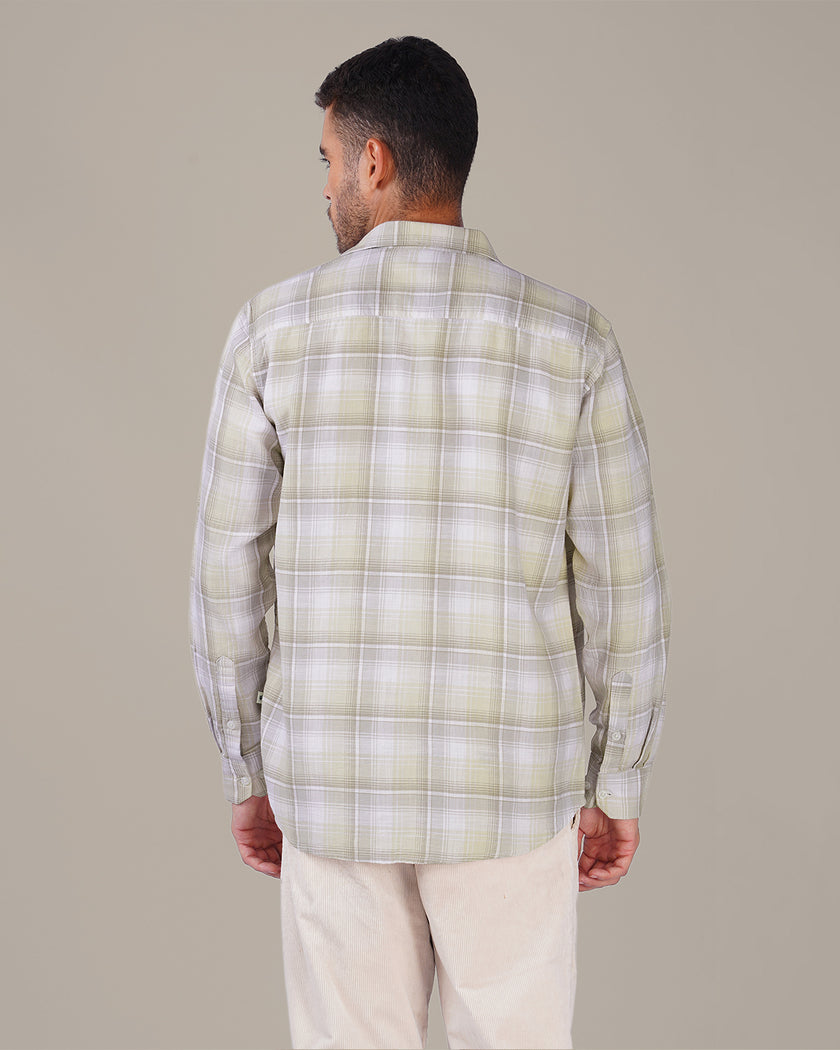 Beige and Gray Plaid Cotton Button-Down Shirt