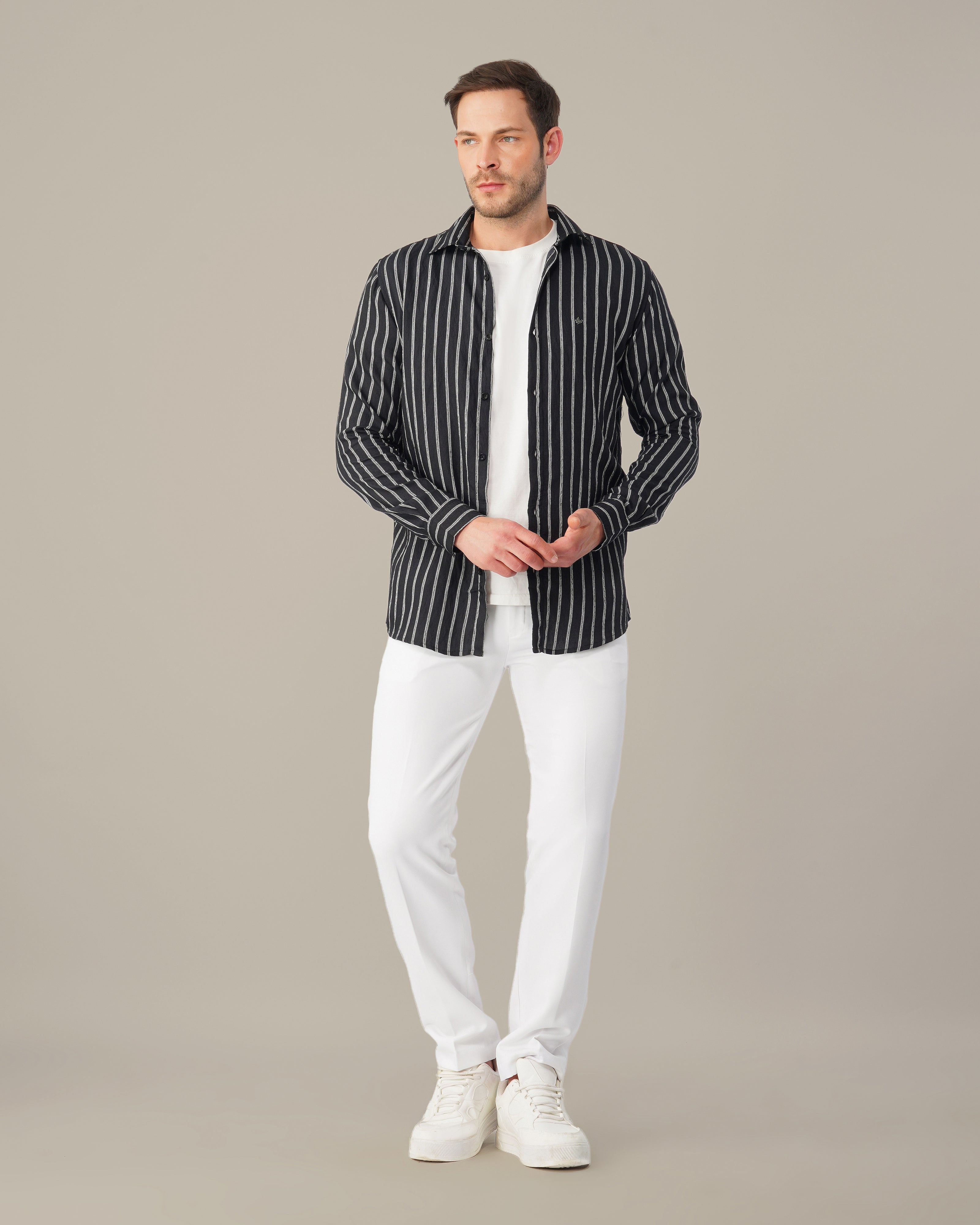 Black and White Striped Stretch Polyester Viscose Blend Regular Fit Shirt
