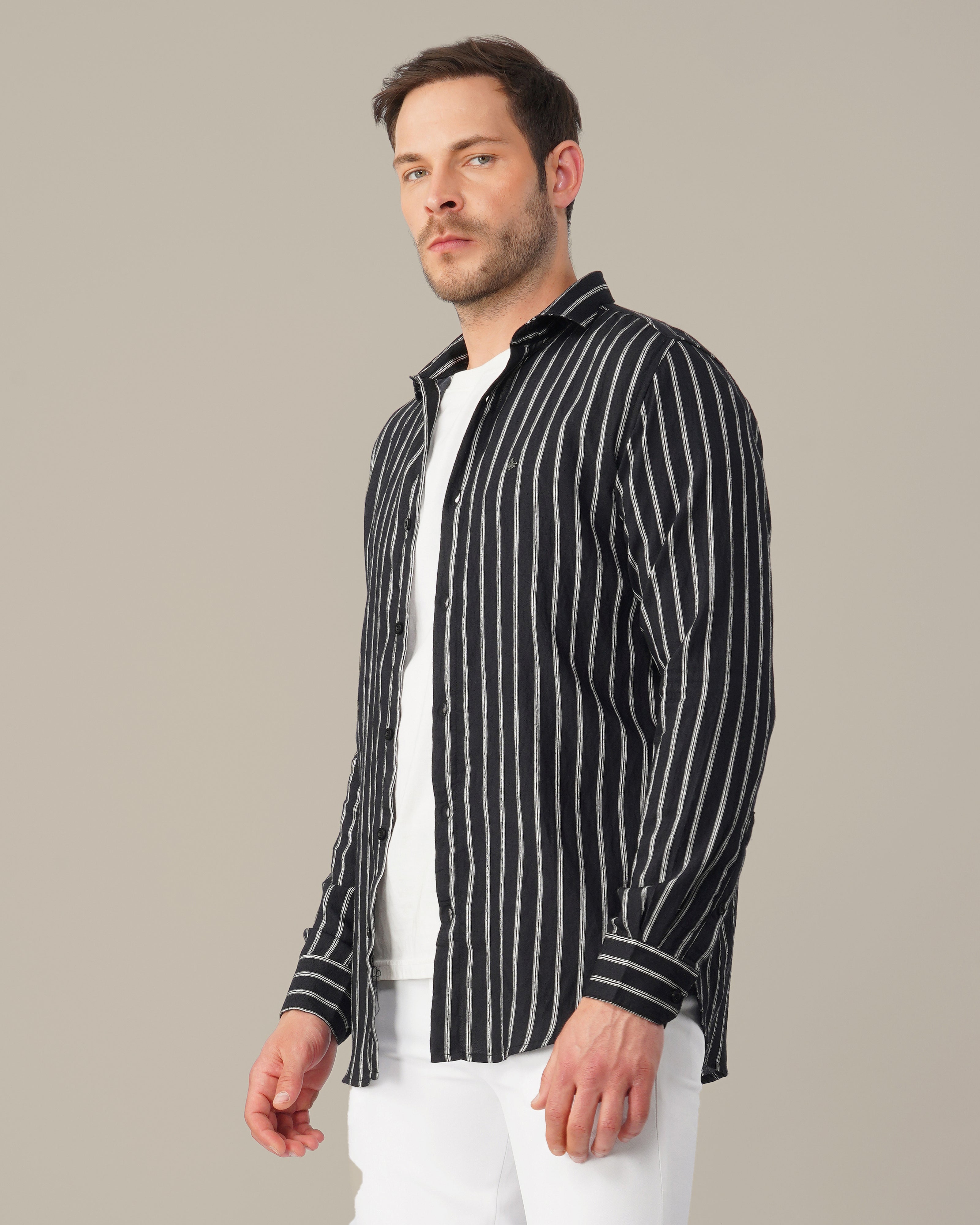 Black and White Striped Stretch Polyester Viscose Blend Regular Fit Shirt