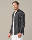 Black and White Striped Stretch Polyester Viscose Blend Regular Fit Shirt