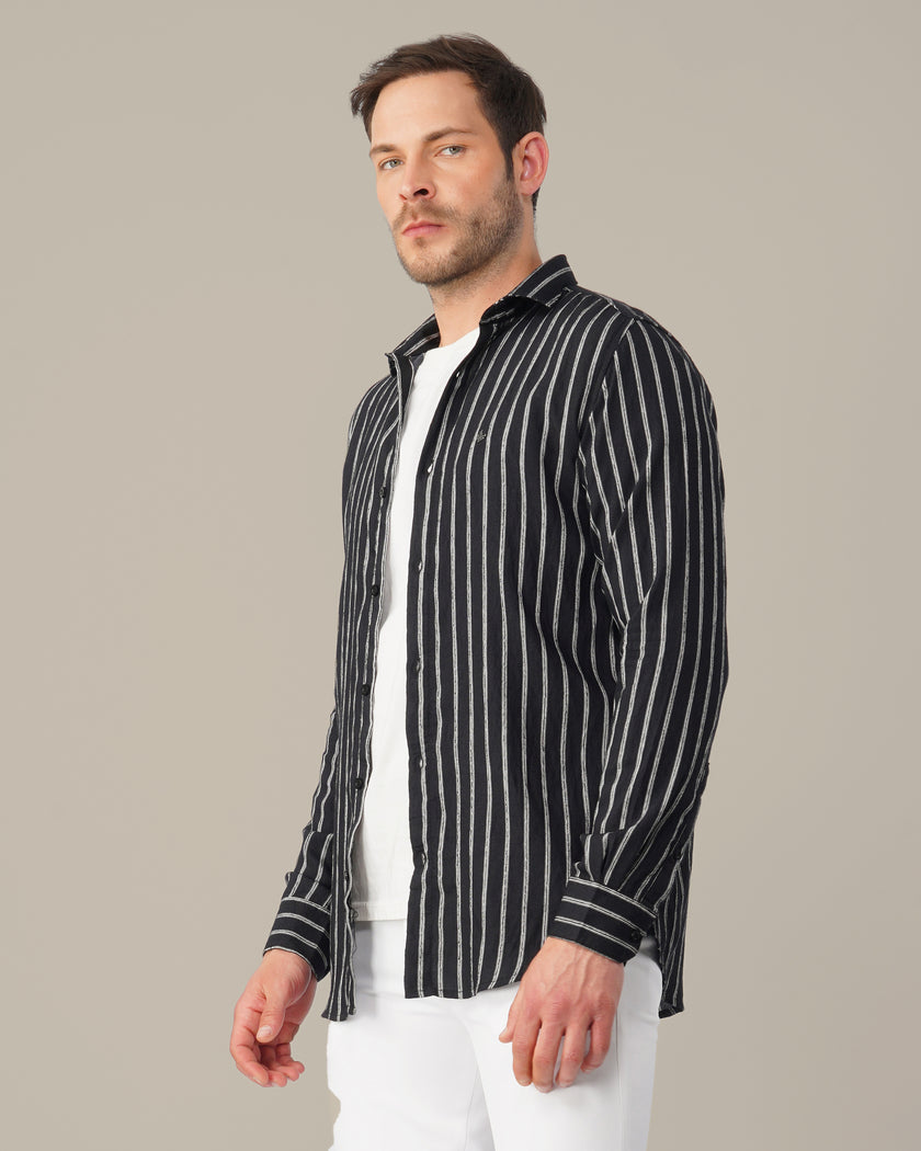 Black and White Striped Stretch Polyester Viscose Blend Regular Fit Shirt