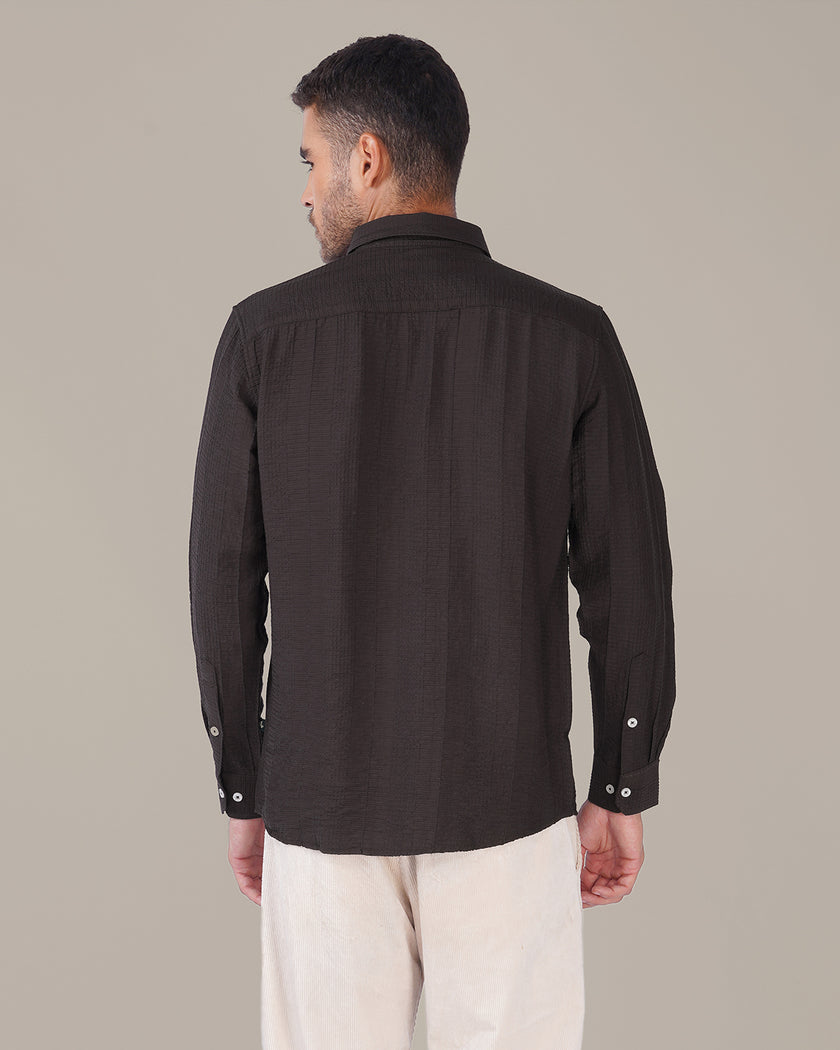 Deep Burgundy Textured Polyester Viscose Blend Regular Fit Shirt