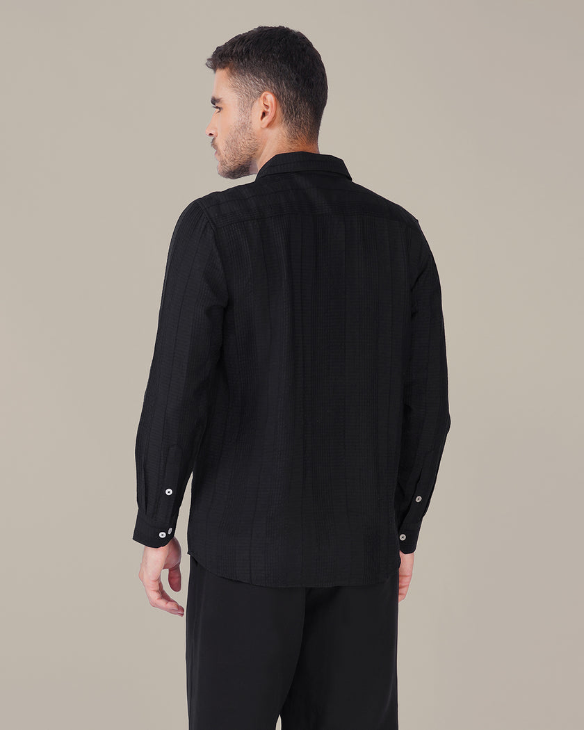 Charcoal Textured Polyester Viscose Blend Regular Fit Shirt