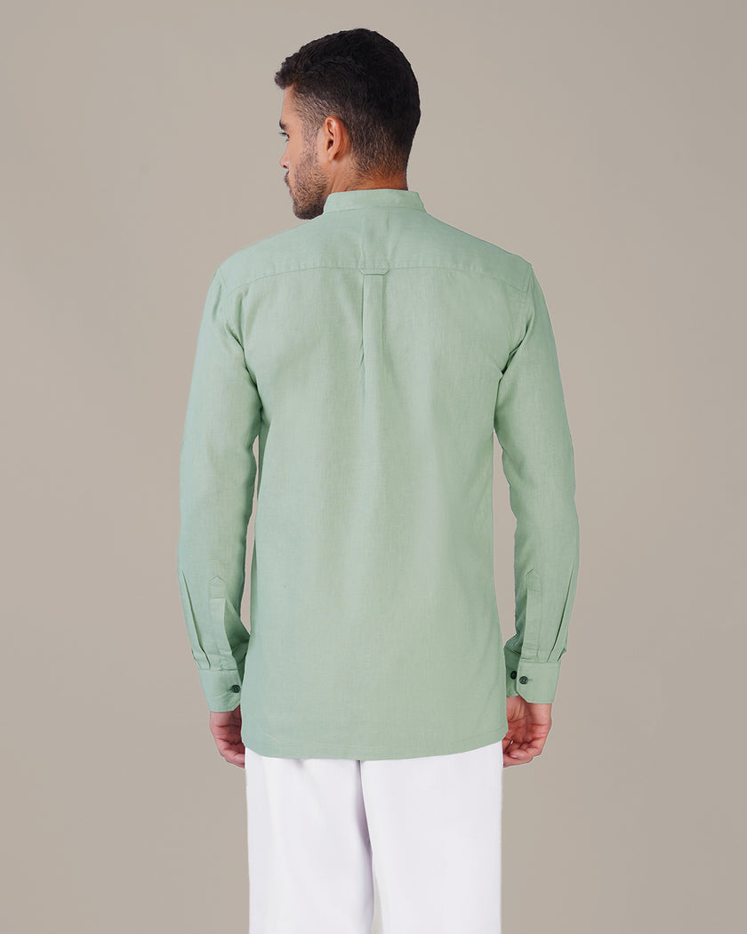 Mint Green Solid Linen Blend Mandarin Collar Shirt