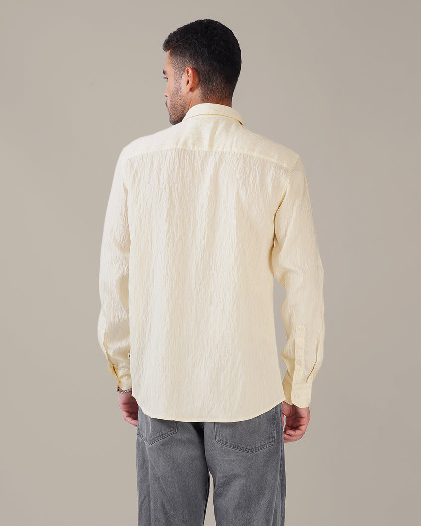 Ivory Solid Crinkled Poly Viscose Blend Classic Fit Shirt