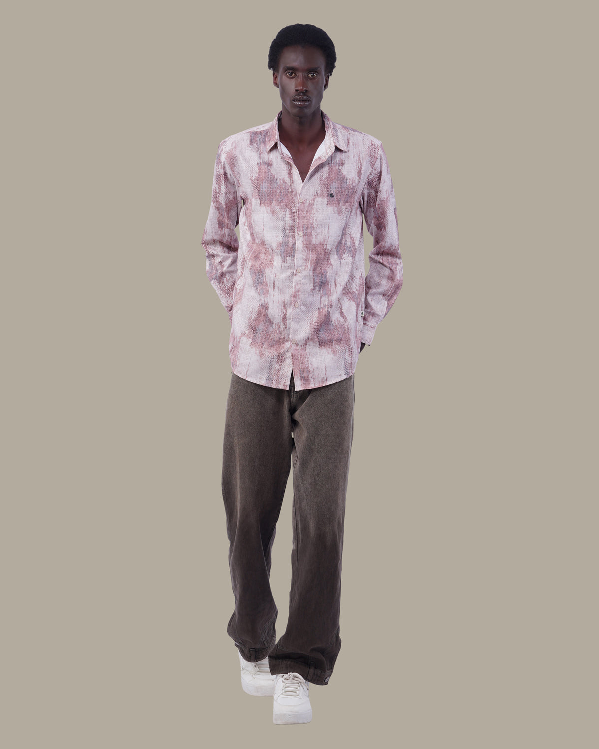 Muted Beige Abstract Oxford Polyester Shirt