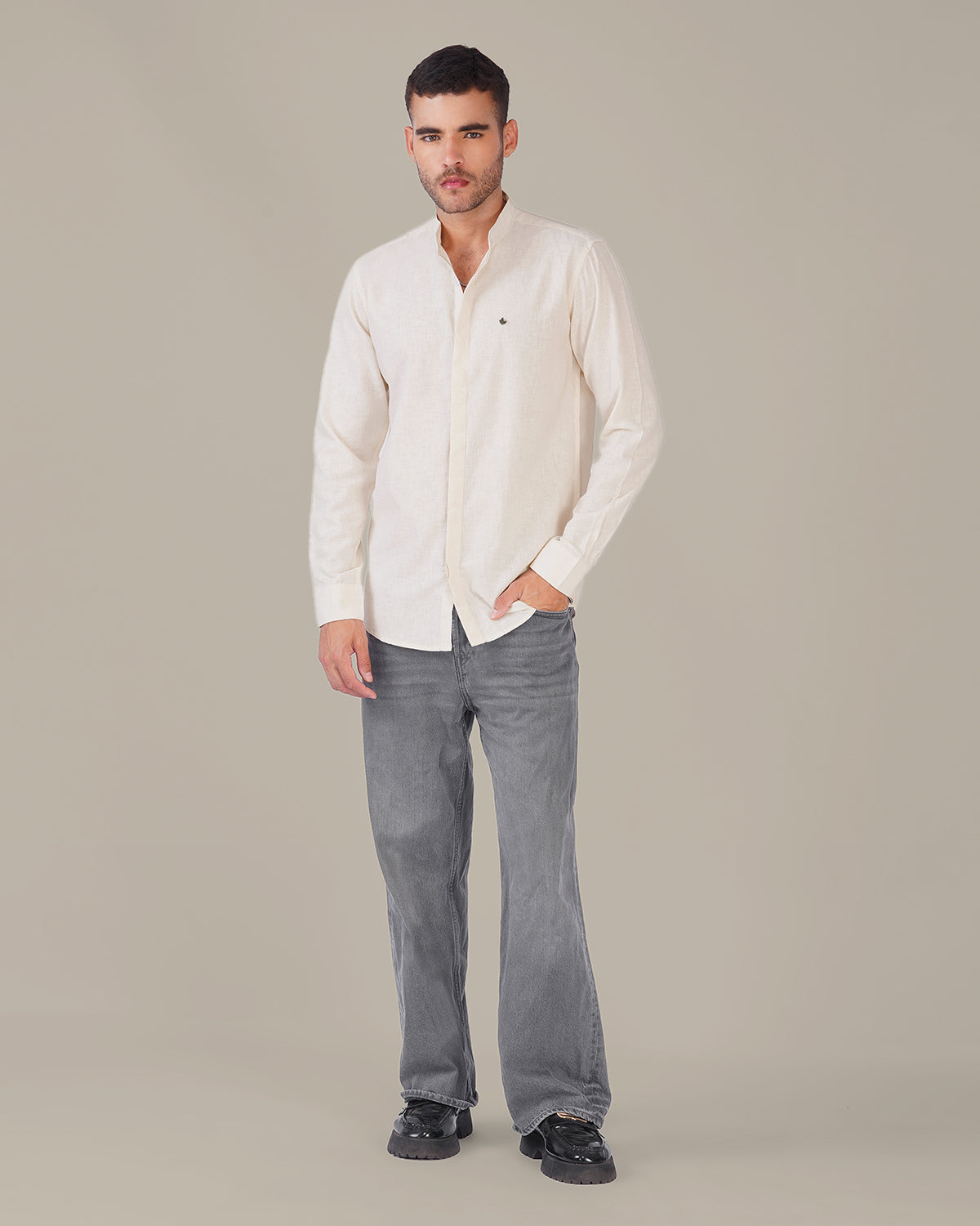 Off White Solid Linen Blend Mandarin Collar Shirt