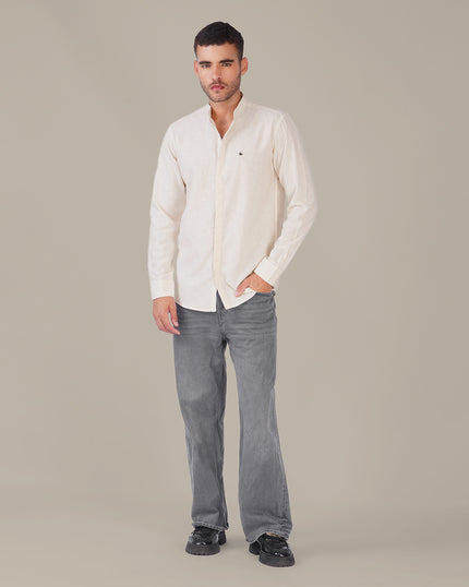Off White Solid Linen Blend Mandarin Collar Shirt