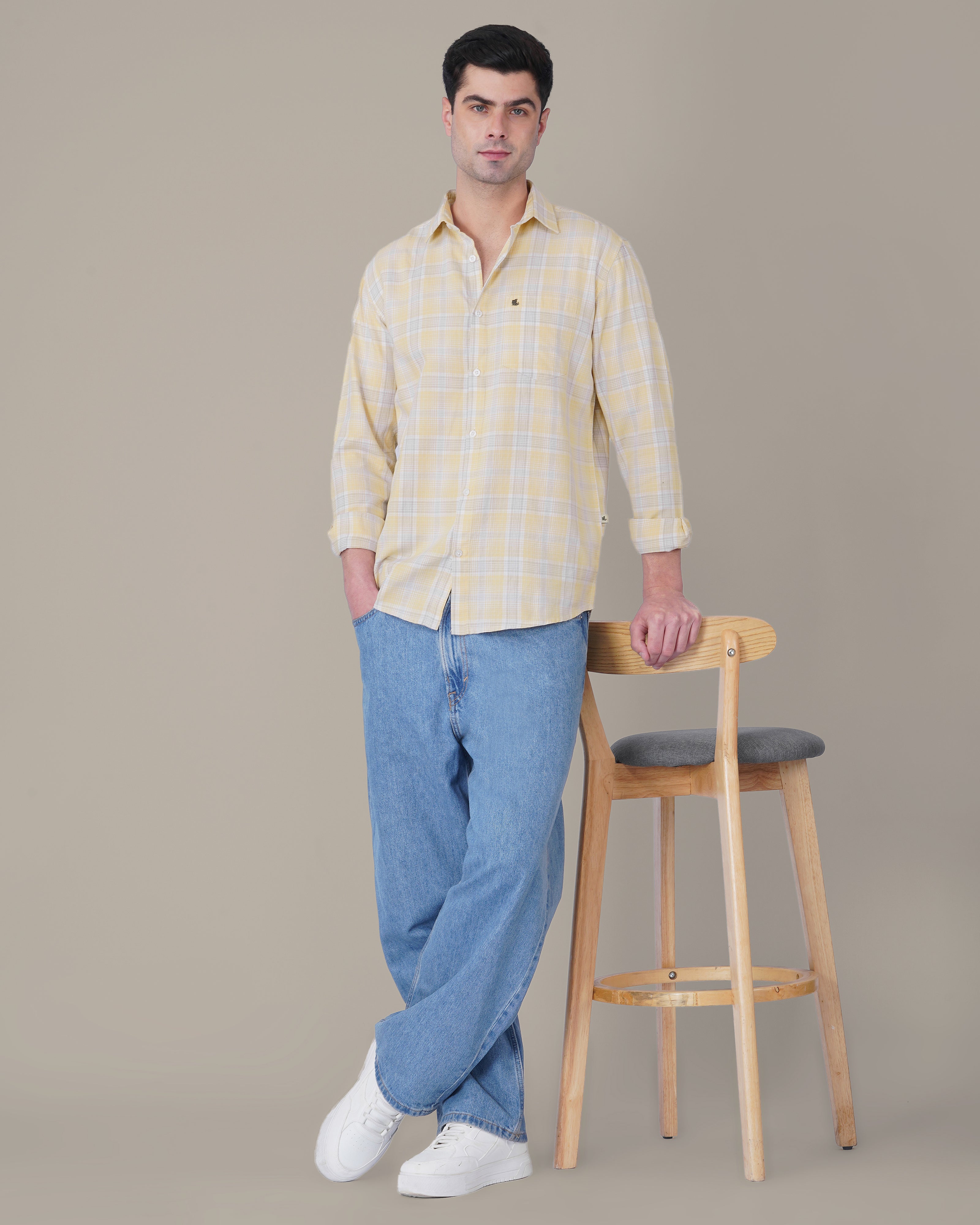Soft Yellow Plaid Cotton Regular Fit Shirt