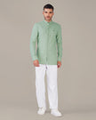 Mint Green Solid Linen Blend Mandarin Collar Shirt