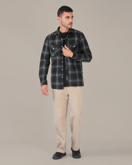 Dark Green Plaid Cotton Slub Regular Fit Shirt