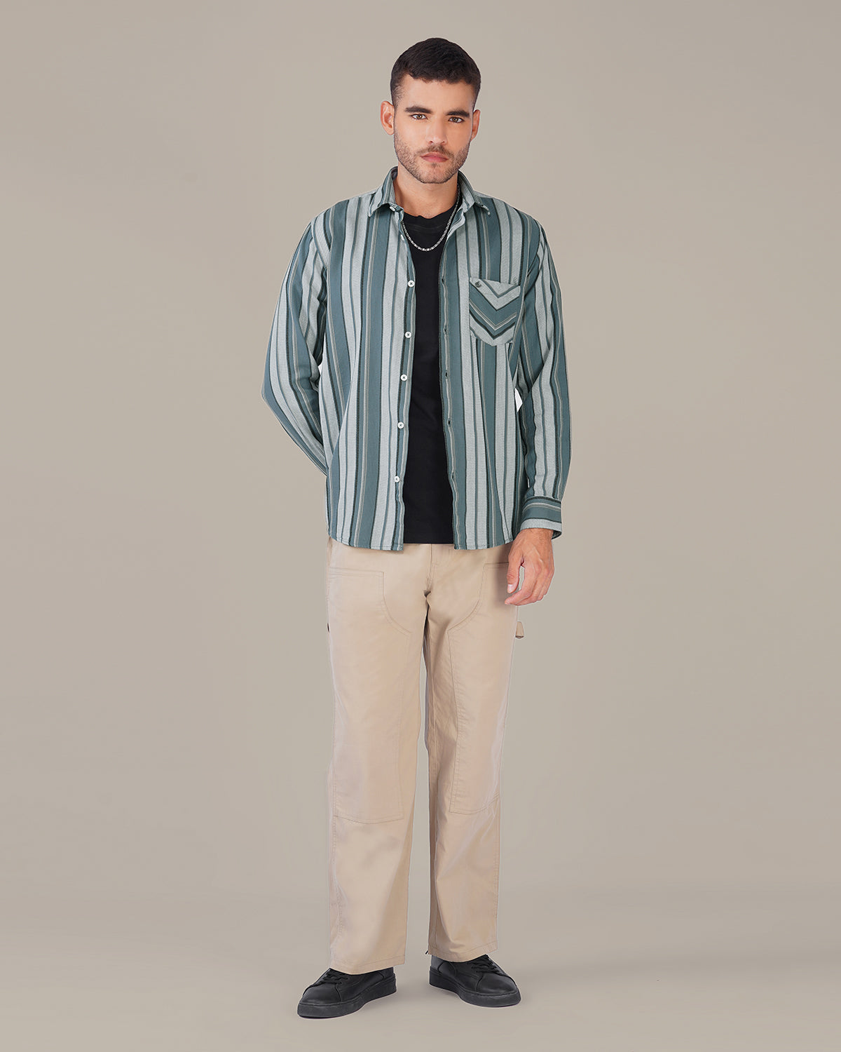 Teal and Gray Striped Cotton Slub Regular Fit Shirt