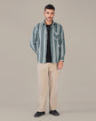 Teal and Gray Striped Cotton Slub Regular Fit Shirt