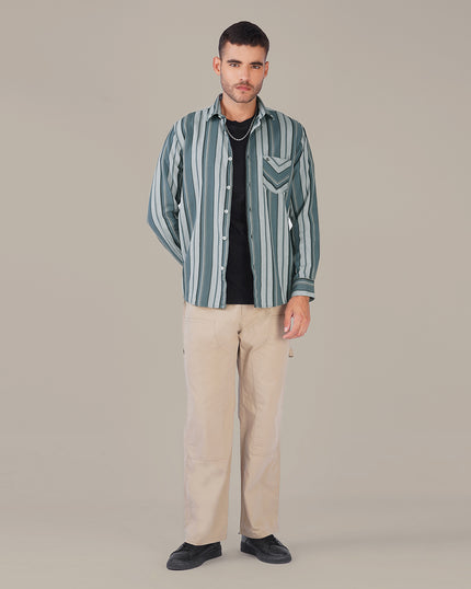 Teal and Gray Striped Cotton Slub Regular Fit Shirt