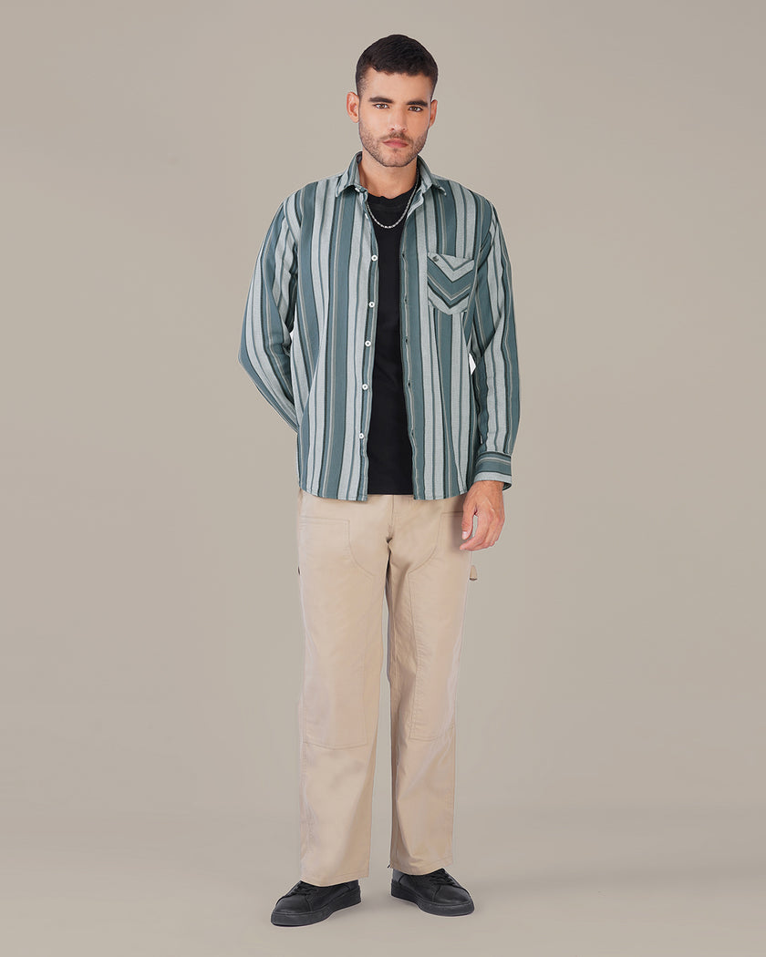 Teal and Gray Striped Cotton Slub Regular Fit Shirt