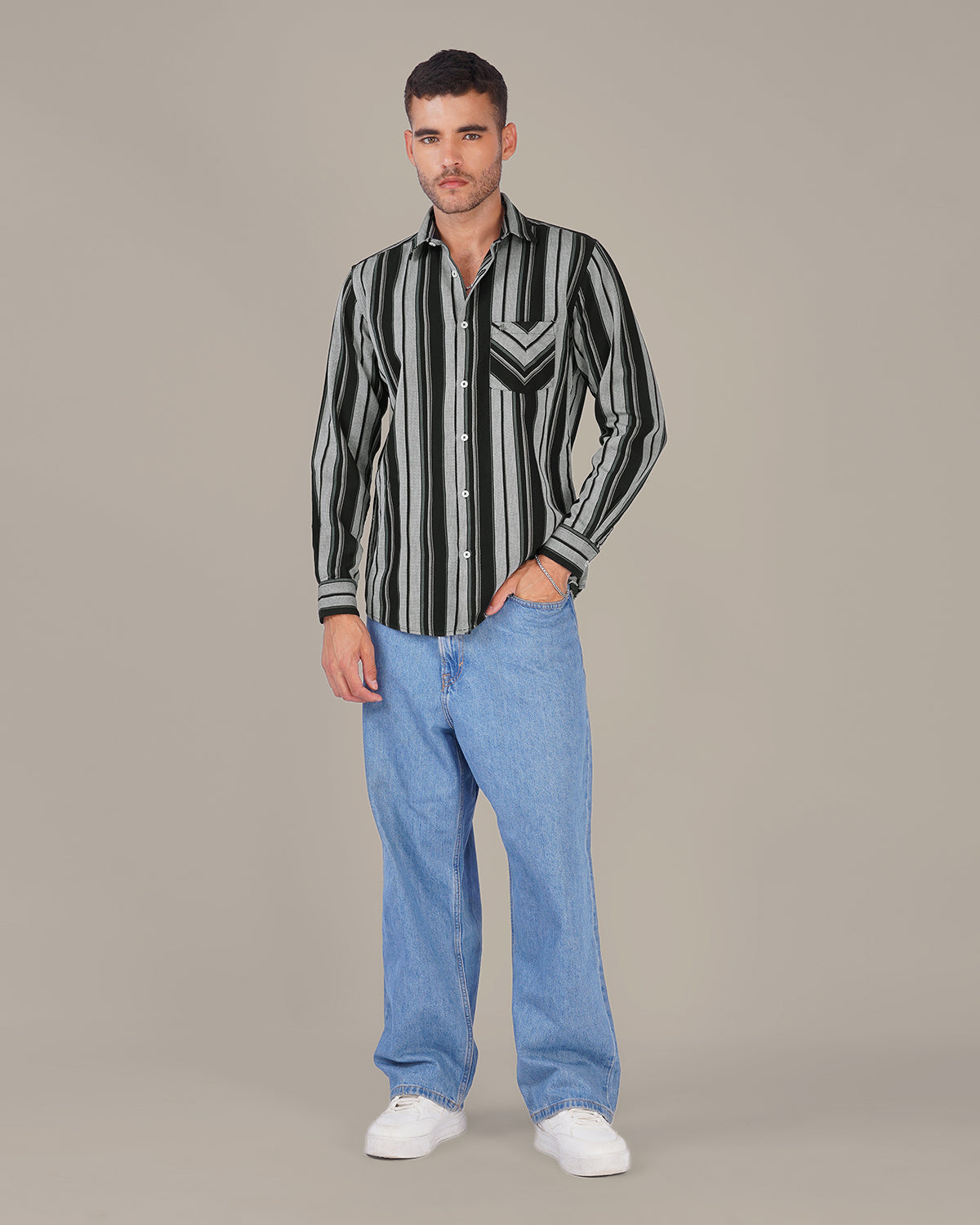 Black and Gray Striped Cotton Slub Regular Fit Shirt