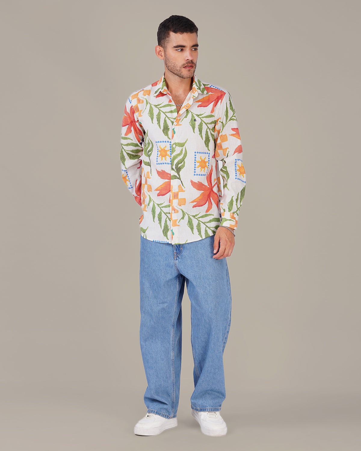 Floral Print Linen Blend Button-Down Shirt