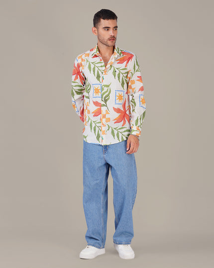 Floral Print Linen Blend Button-Down Shirt