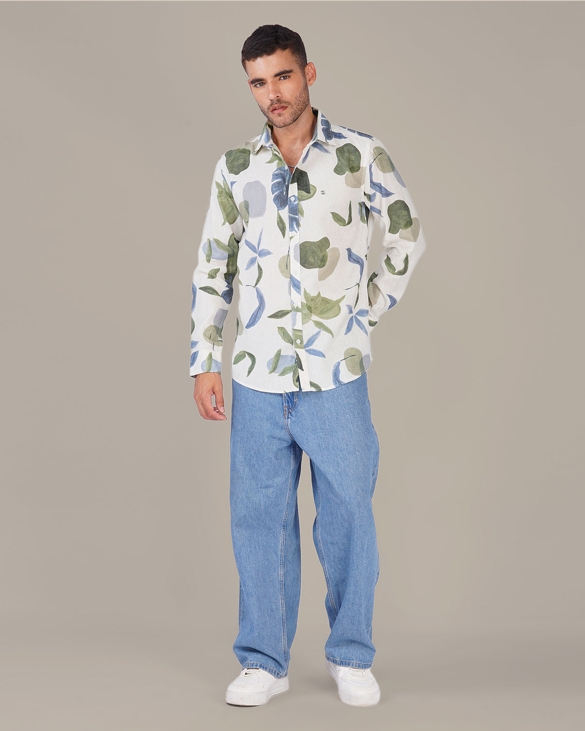 White Botanical Print Linen Blend Regular Fit Shirt