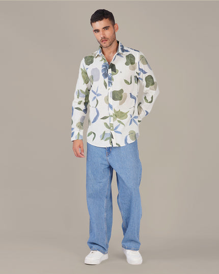 White Botanical Print Linen Blend Regular Fit Shirt