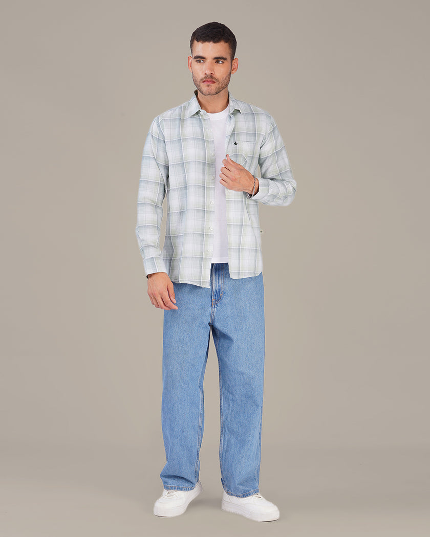 Pastel Green and Light Blue Plaid Dobby Weave 100% Cotton Shirt